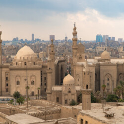 Aerial view of the old part of Cairo. Mosque-Madrassa of Sultan Hassan. Cairo. Egypt. Timelapse kairo, mesto kairo
